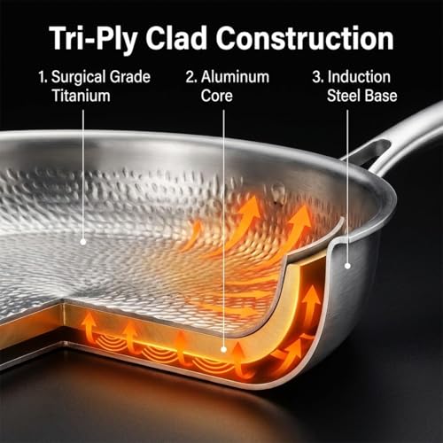 Pexucalm Titanium Frying Pan with Lid, 12" Uncoated Hammered Skillet for Cooking, PFAS/PFOA/PTFE Free Nonstick Cookware, Scratch Resistant, for Induction & Gas, Oven, Dishwasher Safe