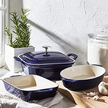 Staub Ceramic 4-pc Baking Pans Set, Casserole Dish with Lid, Brownie Pan, Dark Blue