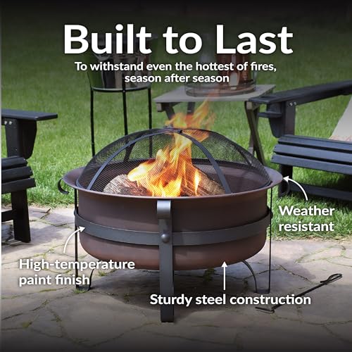 Sunnydaze 29-Inch Cauldron Wood-Burning Outdoor Fire Pit for Patio and Backyard - Round Steel Outside Firepit Bowl with Removable Ash Pan, Spark Screen, and Poker Tool - Dark Bronze Finish