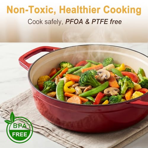Lightweight Enameled Cast Iron Braiser - 4.5QT Braiser Pan with Glass Lid, Shallow Dutch Oven for Braising, Simmering