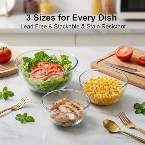 BECFISH Borosilicate Glass Mixing Bowls, Set of 3 (2.8, 2.2, 1.1QT) - Heavy-Duty, Scratch Resistant & Lead-Free. Oven, Microwave, Dishwasher & Freezer Safe. Ideal for Meal Prep, Baking, Serving.