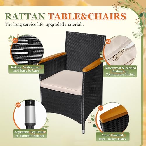 Greesum 5 Pieces Outdoor Patio Dining Set, Conversation Sets with 1 Table and 4 Rattan Chairs with Curved Acacia Wooden Armrests and Cushions, Black