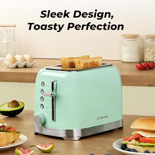 Culinaid Toaster 2 Slice Retro Stainless Steel with 1.5” Extra Wide Slots Bagel, Defrost, Reheat, Cancel Functions, 6 Bread Shade Settings, Removable Crumb Tray, Aqua Green