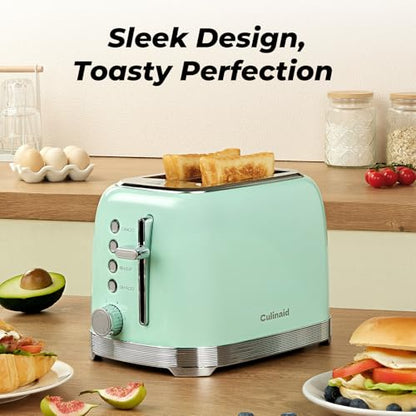 Culinaid Toaster 2 Slice Retro Stainless Steel with 1.5” Extra Wide Slots Bagel, Defrost, Reheat, Cancel Functions, 6 Bread Shade Settings, Removable Crumb Tray, Aqua Green