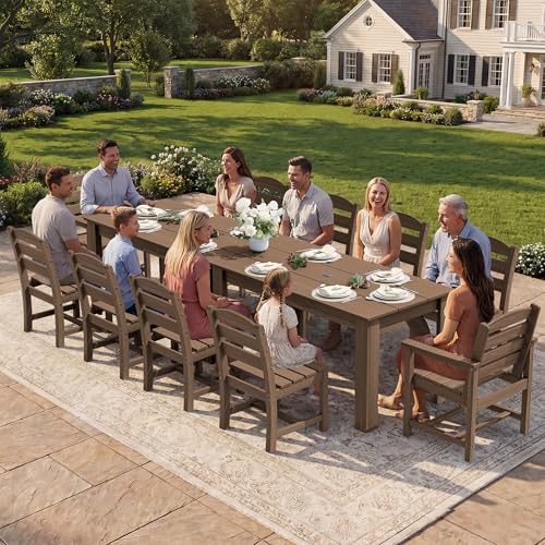 SERWALL Outdoor Dining Sets for 10, HDPE Dining Sets for 10 Person with 2 Rectangular Tables and 8 Armless Chairs and 2 Armchairs, Patio Dining Sets for Garden, Backyard, Poolside, Brown