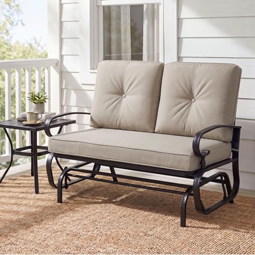 GIANTEX Outdoor Glider Bench, Patio 2 Person Loveseat with Removable Cushion, Thick Padded Seat, Stable Steel Frame, Outside Glider Swing Chair for Deck, Poolside, Yard, Balcony, Porch, Beige