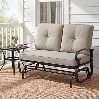 GIANTEX Outdoor Glider Bench, Patio 2 Person Loveseat with Removable Cushion, Thick Padded Seat, Stable Steel Frame, Outside Glider Swing Chair for Deck, Poolside, Yard, Balcony, Porch, Beige