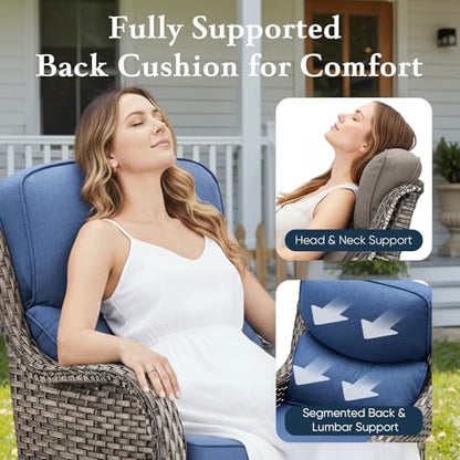 Belord Luxury 6" Thick Cushioned 10 Pieces Patio Furniture Set with Outdoor Couch, Wicker Outdoor Conversation Set with High Back Swivel Rocker Chairs for Deck Porch Yard and Poolside - Grey+Blue