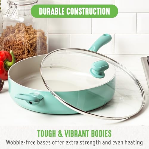 GreenLife Soft Grip Diamond Healthy Ceramic Nonstick, 5QT Saute Pan Jumbo Cooker with Helper Handle and Lid, PFAS-Free, Dishwasher Safe, Turquoise
