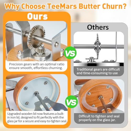 TeeMars Butter Churner - Mason Jar Butter Churner Hand Crank, 34oz Manual Butter Maker in 15 Min, Free 14 Recipes, Paddle, Mold with Lid, Cheese Cloth & Anti-slip Mat