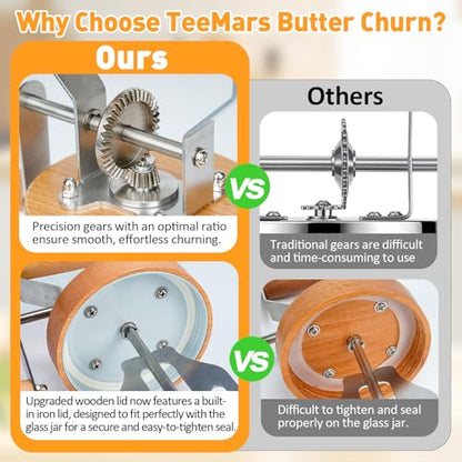 TeeMars Butter Churner - Mason Jar Butter Churner Hand Crank, 34oz Manual Butter Maker in 15 Min, Free 14 Recipes, Paddle, Mold with Lid, Cheese Cloth & Anti-slip Mat