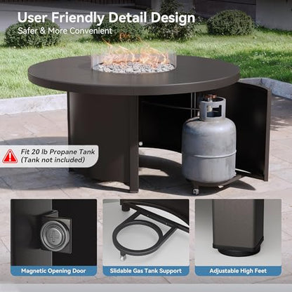 Trumbeak 7 Piece Metal Outdoor Patio Furniture Set with 48"/55000 BTU Round Fire Pit Table,Outdoor Dining Table Set 6 Swivel Chairs No-Slip Cushions and Waterproof Covers,Grey