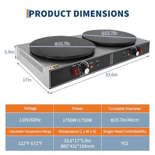 16 Inch Double Plates Commercial Crepe Maker, Non-Stick Electric Crepe Machine with Precise Temp Control and Indicator Lights for Home and Restaurant,3500 w,110 v