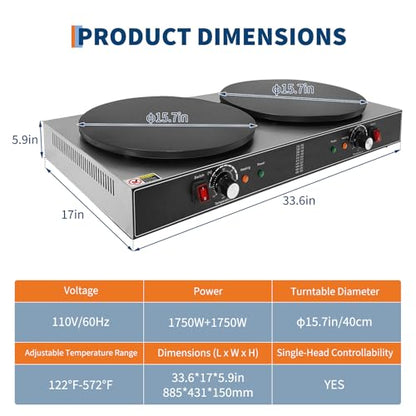16 Inch Double Plates Commercial Crepe Maker, Non-Stick Electric Crepe Machine with Precise Temp Control and Indicator Lights for Home and Restaurant,3500 w,110 v