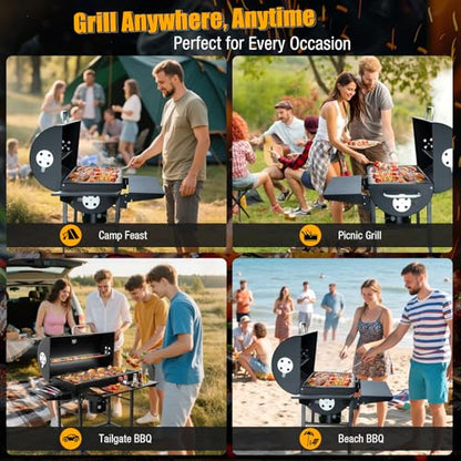 SUNLIFER Charcoal BBQ Grills Outdoor: Spacious Barrel Barbecue Grill with Side Front Table - Premium BBQ Smoker Combo for Backyard Cooking Patio Grilling Tailgating Party Camping Picnic