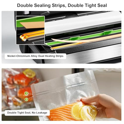 Gasbye 95kPa Precision Vacuum Sealer Machine, Double Heat Seal for Dry/Moist Food, Easy-Lock Handle, Built-in Bag Storage & Cutter, Progress Display, Pulse Mode, Removable Drip Tray, Silver