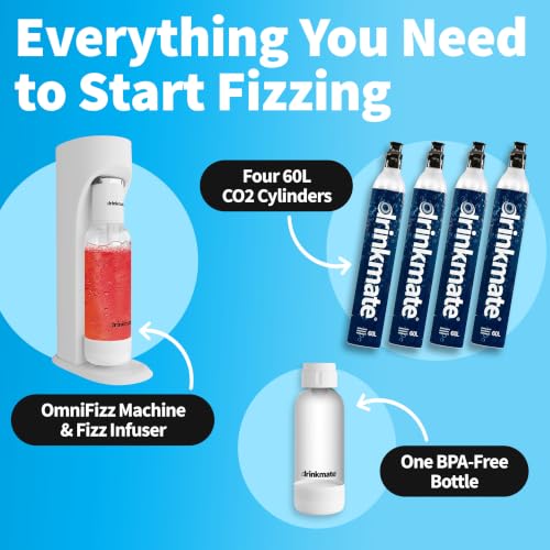 Drinkmate OmniFizz Sparkling Water Maker & Soda Streaming Machine | Carbonates Any Drink | PREMIUM KIT | Includes Four 60L CO2 Cartridges + One BPA-Free Bottle (Matte Black)