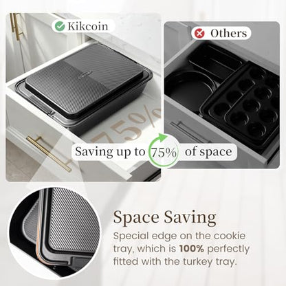 Kikcoin 25 PCS Stackable Baking Pans Set, Non-stick Bakeware Sets with Silicone Handles, 450°F Oven Safe Cookie Sheets for Baking, Easy Release Heavy-duty Baking Sheets Non Stick, Black