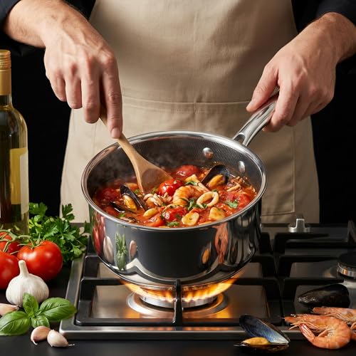 KC-Emier 1-Quart Nonstick Saucepan with Lid, Tri-Ply Stainless Steel Pot with Stay-Cool Handle & All Cooktop Compatibility (Gas, Ceramic, Electric) - Non-Stick