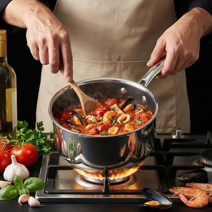 KC-Emier 1-Quart Nonstick Saucepan with Lid, Tri-Ply Stainless Steel Pot with Stay-Cool Handle & All Cooktop Compatibility (Gas, Ceramic, Electric) - Non-Stick