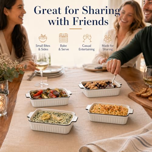 DLIM HOME 12 Oz Casserole Dish, Ceramic Baking Dishes Sets of 4, Small Casserole Dish with Handle, Porcelain Bakeware Sets, 5" Rectangular Baking Serving Dish for Casserole, Cakes, Dishwasher Oven Safe