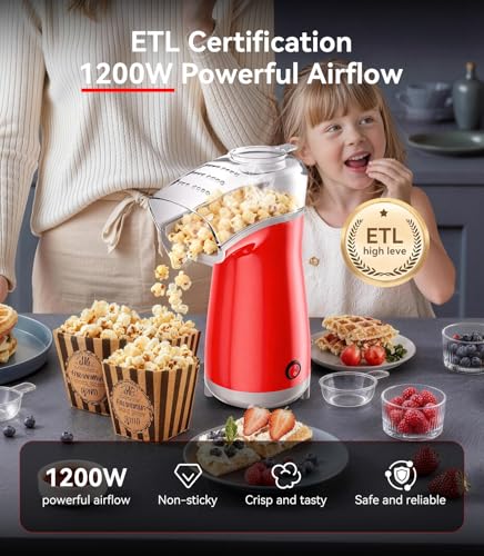 5.0Health Upgrade - Popcorn Machine,Butter Melter.3-Minute Quick Po Pcorn Popcorn maker,Oil-Free And EasyTo Clean. Air Popcorn Machine - Perfect For Family Movie Nights And Kids' Parties,Bright red