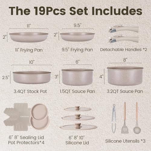 Chef Power Ceramic Nonstick Pots and Pans Set 19 Piece with Detachable Handle, Induction Dishwasher Oven Safe Cookware Set, RV Kitchen Set Removable Handle, Mocca Taupe
