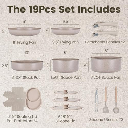 Chef Power Ceramic Nonstick Pots and Pans Set 19 Piece with Detachable Handle, Induction Dishwasher Oven Safe Cookware Set, RV Kitchen Set Removable Handle, Mocca Taupe