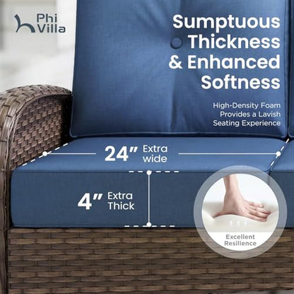 PHI VILLA Patio Furniture Set, 6 Pieces Wicker Outdoor Conversation Set with 2 High Back Patio Swivel Chairs, 3-Seat Rattan Patio Sofa Couch, 2 Muti-Functional Ottomans (Navy Blue Cushions)