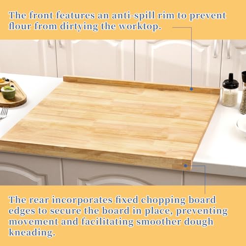 Wooden Pastry Board with Measurement, 24'' x 20'' Wood Kneading Board, 2-in-1 Rubber Wood Pastry Board and Chopping Board with Side Lip and Engraved Ruler