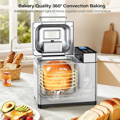 KBS Pro 710W 2LB Bread Maker, Stainless Steel 17-in-1 Smart Bread Machine with Healthy Ceramic Pan, Automatic Nut Dispenser, Tempered Glass Touch Panel, 3 Crust Colors, 15H Timer& Keep-Warm, Recipes