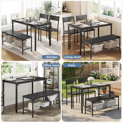 DUMOS Dining Table Set, Dining Table for 4 with Bench, Kitchen Table, Space-Saving Ideal 4-Person Set for Dining Room Kitchen Apartment Corner Black 4 Pack