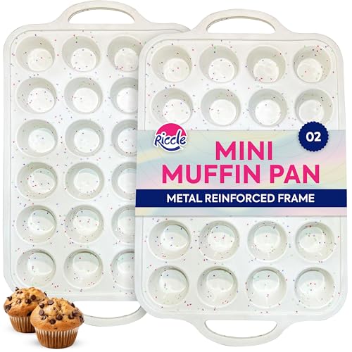 RICCLE 2 Pack Silicone Mini Muffin Pan with Metal Reinforced Frame, 24-Cup Mini Cupcake Pans, Mini Muffin Silicone Molds, Silicone Muffin Pans for Baking - Oven & Dishwasher Safe, BPA-Free