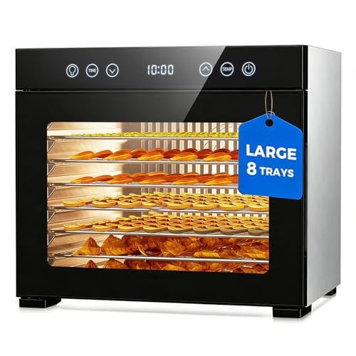 Food Dehydrator, 8 Stainless Steel Trays Large Capacity Dehydrator Machine with Interior Light, Trays, 650W Faster Drying, Quiet Adjustable Timer & Temperature Dryer for Fruit Jerky Herbs Dog Treats