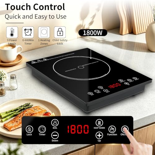 HUIPUSHE Single Induction Cooktop,1800W Portable induction Cooktop，Portable induction hot plate with LCD touch control,9 Levels,10H,Safety Lock, 110V single burner induction Cooktop