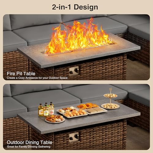Qsun 8 Pieces Outdoor Patio Furniture Set with 44.9" Fire Pit Table, All-Weather Wicker Outdoor Patio Sectional Set with Coffee Table, for Garden, Backyard, Grey