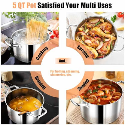 P&P CHEF 5 Quarts Cooking Stock Pot with Lid, Stainless Steel Stockpot Induction Pot for Soup, Tri-Ply Bottom & Clear Glass Lid & Double Handle, Dishwasher Safe