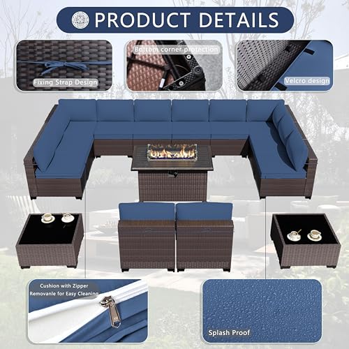 ASJMR Outdoor Patio Furniture Set with Gas Fire Pit Table, 13 Pieces Outdoor Furniture Set Patio Sectional Sofa w/43in 55000 BTU Propane Fire Pit, PE Wicker Rattan Patio Conversation Sets - Dark Blue