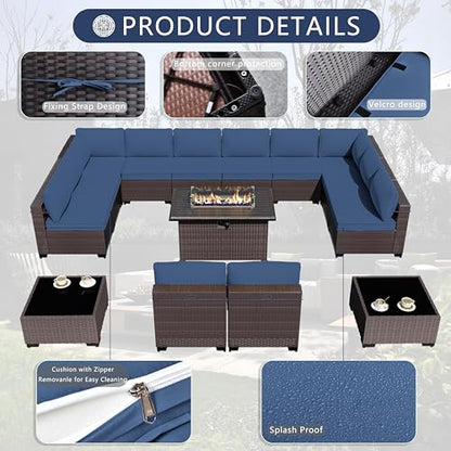 ASJMR Outdoor Patio Furniture Set with Gas Fire Pit Table, 13 Pieces Outdoor Furniture Set Patio Sectional Sofa w/43in 55000 BTU Propane Fire Pit, PE Wicker Rattan Patio Conversation Sets - Dark Blue