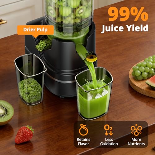 AIRMSEN Juicer Machines, 5.8" Feed Chute Cold Press Juicer for Whole Fruit and Vegetable, 2.2 qt Auto-Feed Time-Saver, 7+1-Stage New Upgraded Auger Slow Masticating High Yield, Easy to Clean Black