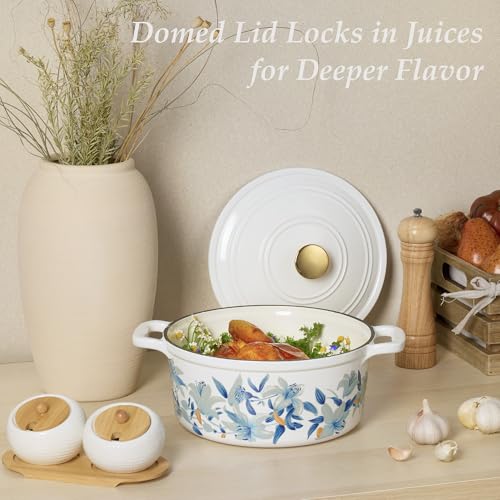 CAROTE 5 QT Cast Iron Dutch Oven Pot with Lid, Enameled Floral Dutch Ovens with Cotton Potholders & Oven Gloves, Gift Box, Cast Iron Pot for Sourdough Bread Baking, Braising, Stews, Roasting, Dual Handles, All Stovetop Compatible, Oven Safe up to 500° F,