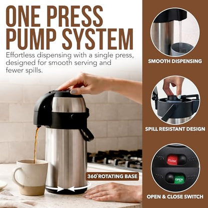Coffee Carafe Insulated 102 OZ / 3L Stainless Steel Hot Beverage Dispenser, Airpot Coffee Dispenser with Pump, Thermal Coffee Carafe for Hot Liquids, Coffee Carafes for Keeping Hot Drink Dispenser