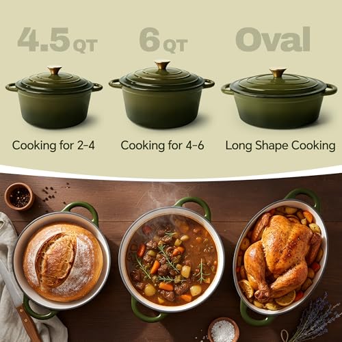 Vintage Style 6 Quart Dutch Oven Pot with Lid, Non Stick Enameled Cast Iron Dutch Oven for Bread Baking, Heavy-Duty, Oven Safe Ceramic Cookware Up to 500°F for Baking, Braising, Stews, Roasting, Golden Green