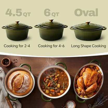 Vintage Style 6 Quart Dutch Oven Pot with Lid, Non Stick Enameled Cast Iron Dutch Oven for Bread Baking, Heavy-Duty, Oven Safe Ceramic Cookware Up to 500°F for Baking, Braising, Stews, Roasting, Golden Green