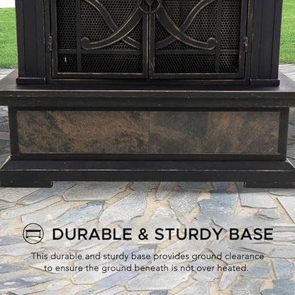 Sunjoy Outdoor Fireplace, Stone Look Tile Patio Wood Burning Steel Fireplace with Chimney, Spark Screen, Fire Poker, Rain Cover, and Removable Grate, Copper with Gray Tile