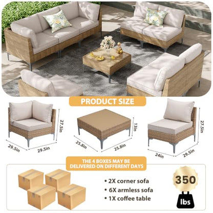 SunloungeCo 9-Piece Patio Furniture Set, Outdoor Wicker Sectional Sofa with Coffee Table, Anti-Slip & Thick All-Weather Cushions for Sunroom,Garden,Backyard, Beige