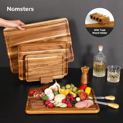 4 Pack Teak Cutting Board Set for Kitchen Heavy Duty Non Toxic Non Slip Solid Thick Wood Haus Chopping Board Extra Large Big Small Meat Best Wooden Charcuterie Board