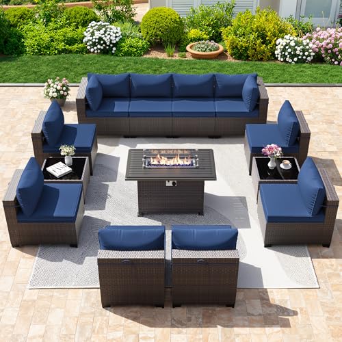 RTDTD 13 Pieces Outdoor Patio Furniture Set,Outdoor Sectional Furniture with 43" 55000 BTU Gas Propane Fire Pit Table,PE Rattan Wicker Patio Conversation Set with 10 Thickened Cushions,Navy Blue