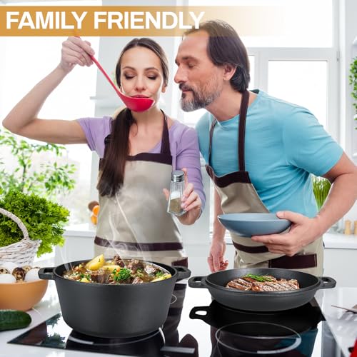 TLGREEN Cast Iron Dutch Oven Pot with Lid, Pot (6.7QT) and Lid as a Skillet(2.5QT) - Dutch Oven Cast Iron with Silicone Holders, Iron Stand, for Oven, Stove, Grill，Campfire