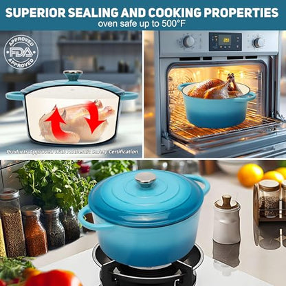 5QT Enameled Cast Iron Dutch Oven for Bread Baking with Lid, Sourdough Baking Supplies with Proofing Basket, Bread Making Tools Set, Heavy-Duty Cookware for Braising, Stews, Roasting (Teal)